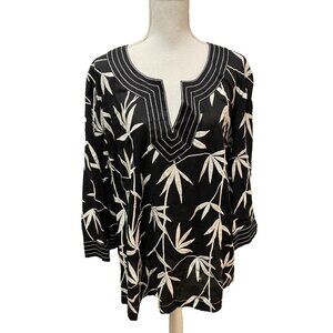 TALBOTS 24W EMBROIDERED Black white Resort Tropical Beach Top Blouse